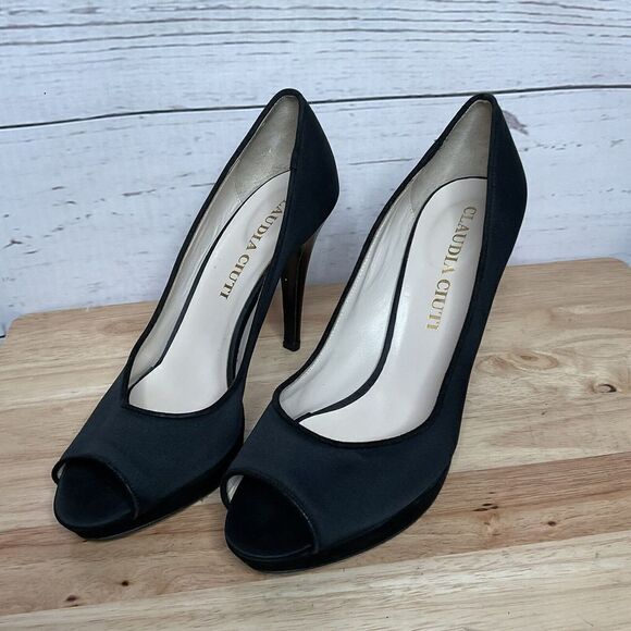 CLAUDIA CIUTI Black Satin Pumps Open Toe Heels Size 9,5 M Italy Perfect - Picture 2 of 12